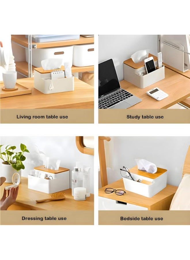 Jinila Square Shape Wooden Cover Plastic - Tissue Paper Holder with 2 Compartment Multi-Functional Desk Organizer Remote, Pen & Pencil Stationery Storage Stand (Pack of 1, White) - Image 4